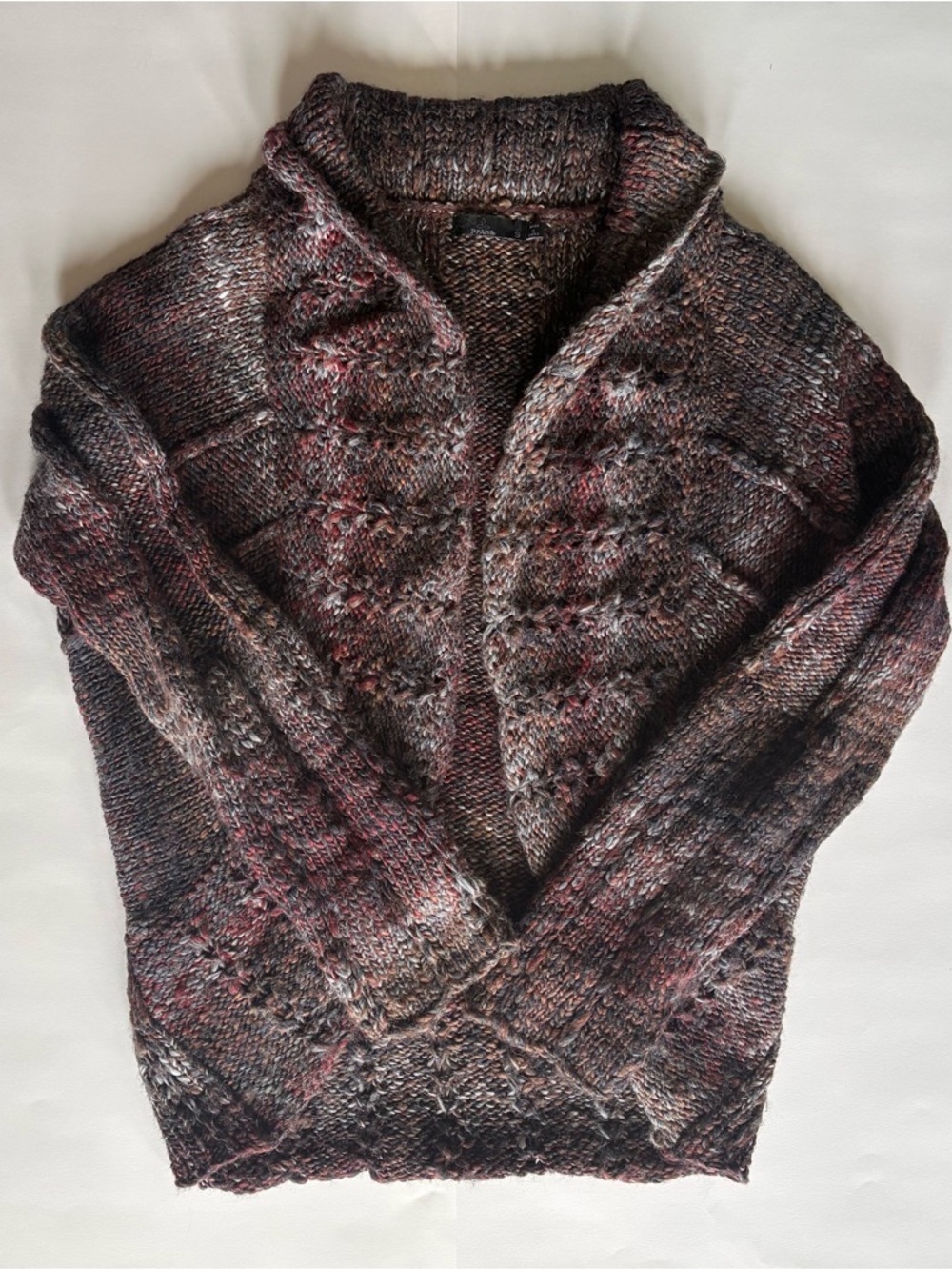 Prana Marled Knit Open-Front Cardigan in Heathered Burgundy and Gray
